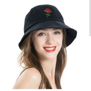Black Bucket Hat with Rose Embroidery